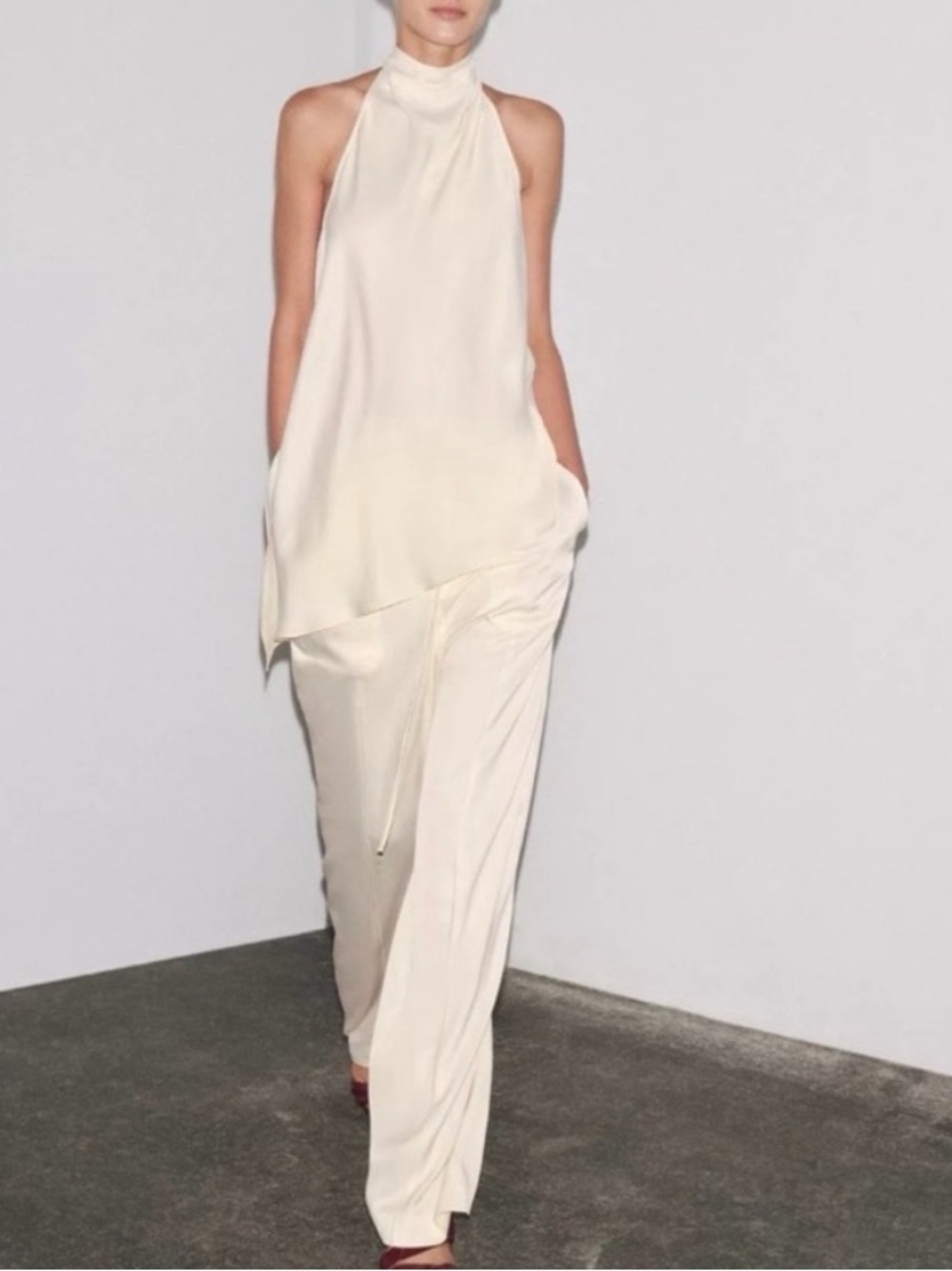 Zara Cream Halter Top with Matching Wide-Leg Pants